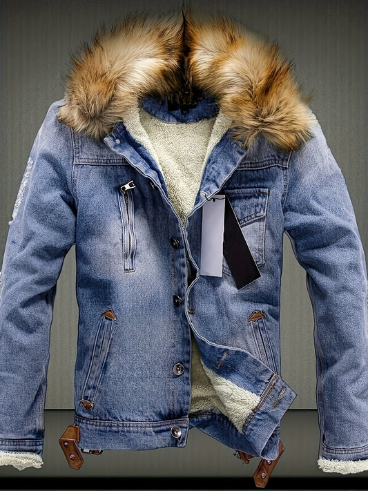 Men'S Vintage Faux Denim Jacket - Classic Slim Fit Non-Stretch Fabric with Chest Pocket, Button-Up Front & Lapel Collar, All-Season Casual Outerwear for Everyday & Formal