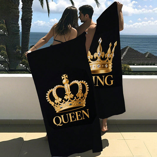 Two Pieces of Large, Exceptionally Soft Beach Towels Designed in a Couple Theme, Showcasing a King And Queen Motif. Crafted from 250GSM Thick Ultra-Fine Fiber, These Towels Are Incredibly Soft, Highly Absorbent, Quick to Dry, Durable, And Easy to Carry.