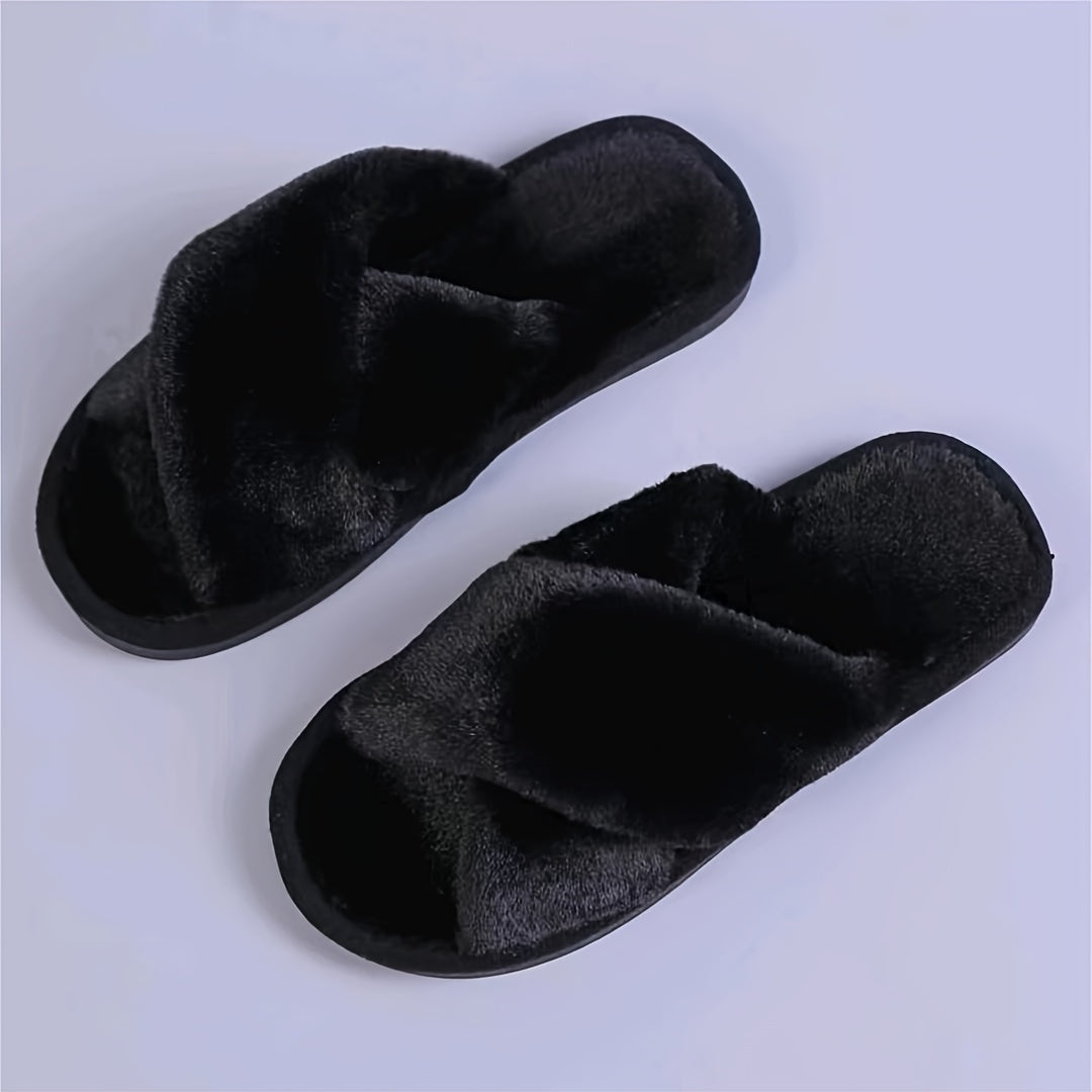 Cozy Crisscross Furry Slippers - Women's Warm Plush Fuzzy Flat Open Toe Home Shoes with Soft Comfy Insoles - Perfect for Lounging Around the House