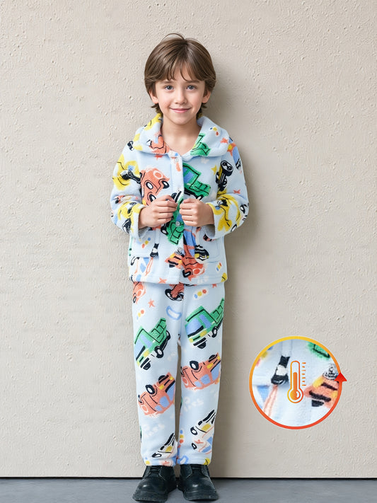 New Autumn and Winter Boys' Warm Set, New Fleece-Lined Thickened Flannel Top and Pants, The Best Gift for Children, Perfect for Outdoor, Thickened Fleece-Lined, Non-Stretch Fabric, Regular Fit, All-Season, Casual Style, with Random Print, for Boys