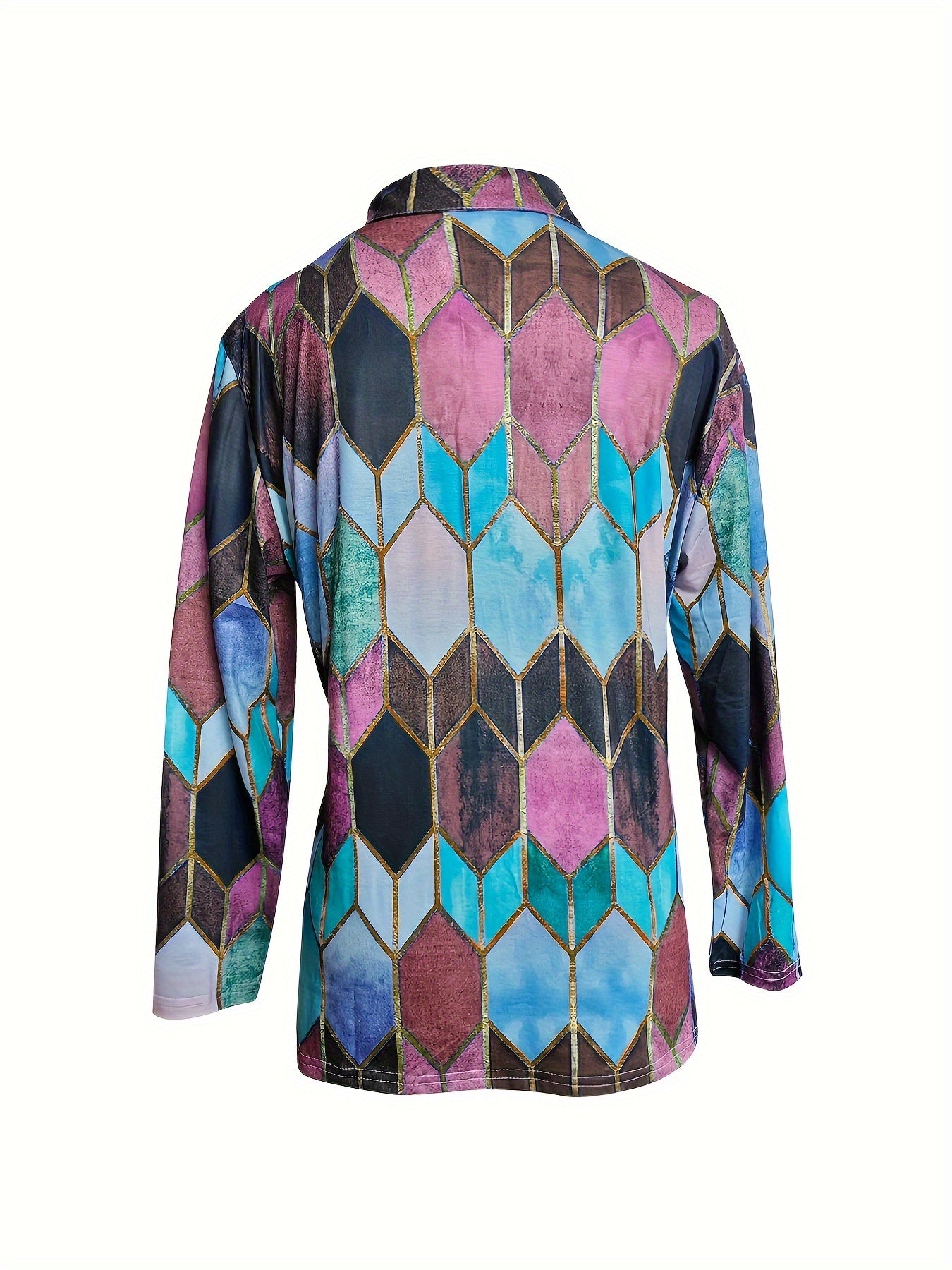 Colorful Geometric Zip-Up Long Sleeve Shirt - Stretchy & Comfortable Polyester Blend, Machine Washable - Casual Style for All Seasons