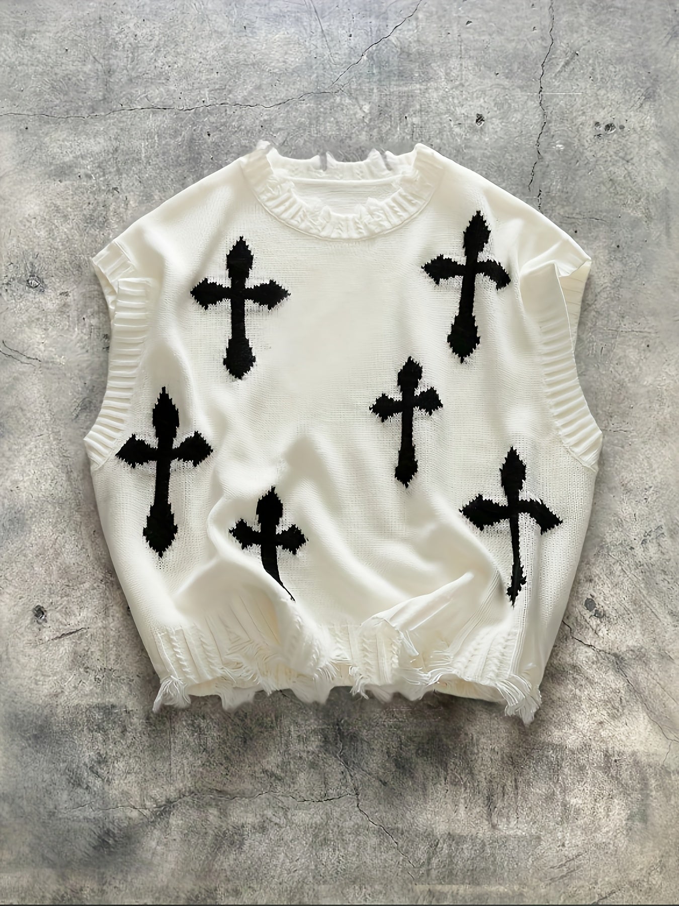 Men's Gothic Distressed Cross Sleeveless Vest - Black & White Frayed Hem Knit-like Short Layering Piece, Oversized Winter Streetwear Top for & Young Men, Edgy Layered Outfit (No Belt, Hand Washable)