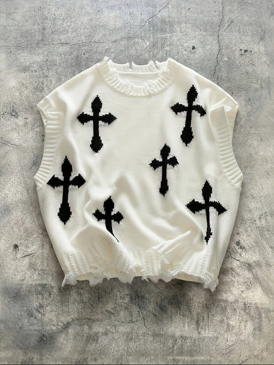 Men's Gothic Distressed Cross Sleeveless Vest - Black & White Frayed Hem Knit-like Short Layering Piece, Oversized Winter Streetwear Top for & Young Men, Edgy Layered Outfit (No Belt, Hand Washable)