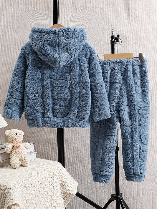 Two-Piece Boys' Autumn and Winter Fashionable Cute Warm Comfortable Bear Jacquard Fleece Hooded Long Sleeve Elastic Waist Pants Set, Suitable for Daily Casual, Outdoor Activities, Party Gatherings, Gift for Kids, 2, Perfect for Outdoor