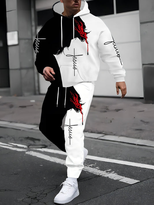 Men's 3D Printed Casual Sportswear Set - Long Sleeve Hoodie & Joggers, Machine Washable, Polyester Blend for Fitness & Training, Hoodie And Jogger Set, Black And White Print