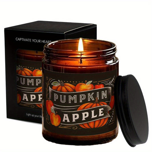 1pc Pumpkin Apple Pie Scented Candle - Rustic Farmhouse Style, Soy Wax, Glass Jar with Black Lid & Bow, Perfect for Thanksgiving, Fall Decor, and Seasonal Home Accents, Fall Decorations for Home