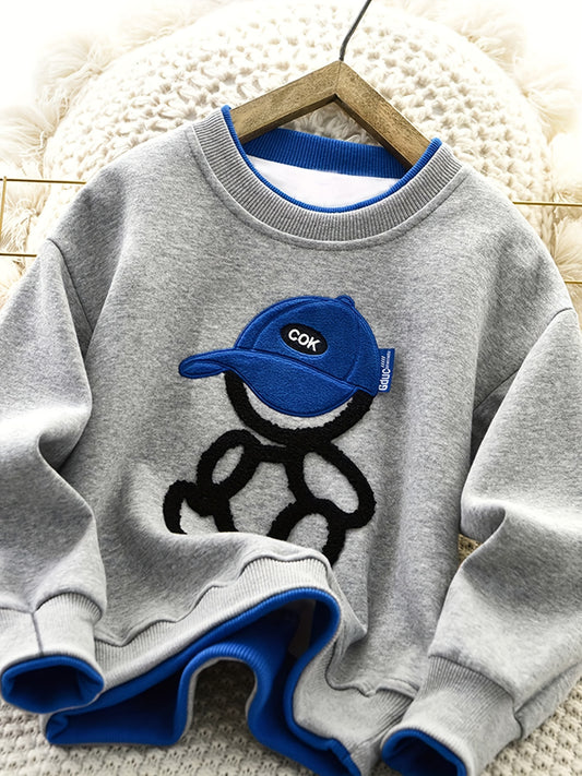 Boys' trendy round-neck sweatshirt with faux two-piece design, embroidered craftsmanship, stylish regular-fit top