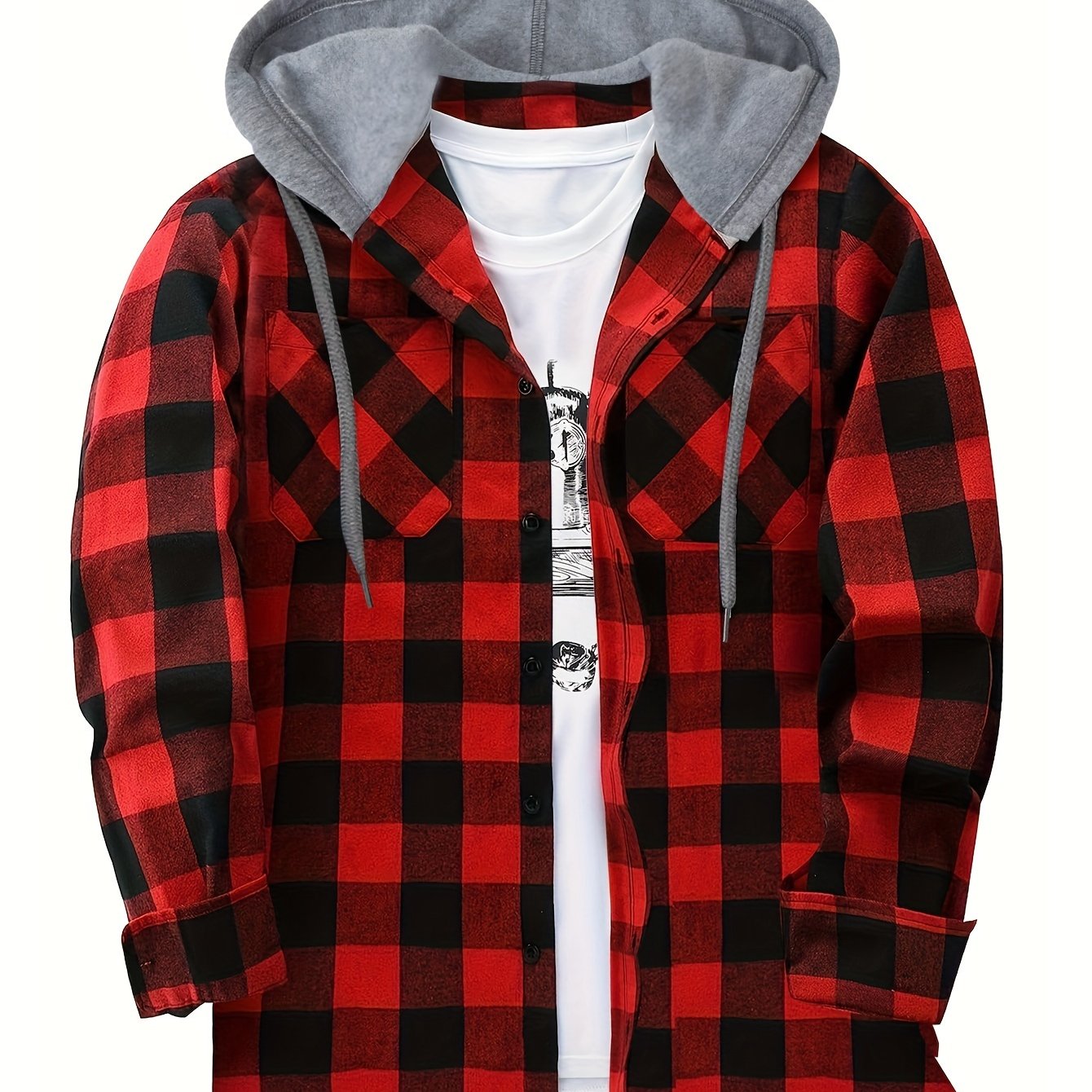 Long Sleeve Casual Regular Fit Button Up Hooded Shirts Jacket, Plaid Shirt Coat For Men