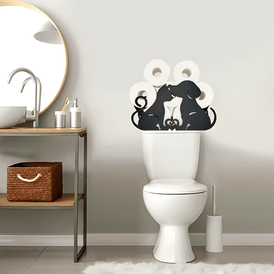 Powder-Coated Iron Cute Poodle Couple Toilet Paper Holder - Freestanding/Adhesive Bathroom & Kitchen Tissue Roll Dispenser, No Drill Installation, Dog-Themed Home Storage Accessory for Pet Lovers (Black/White)