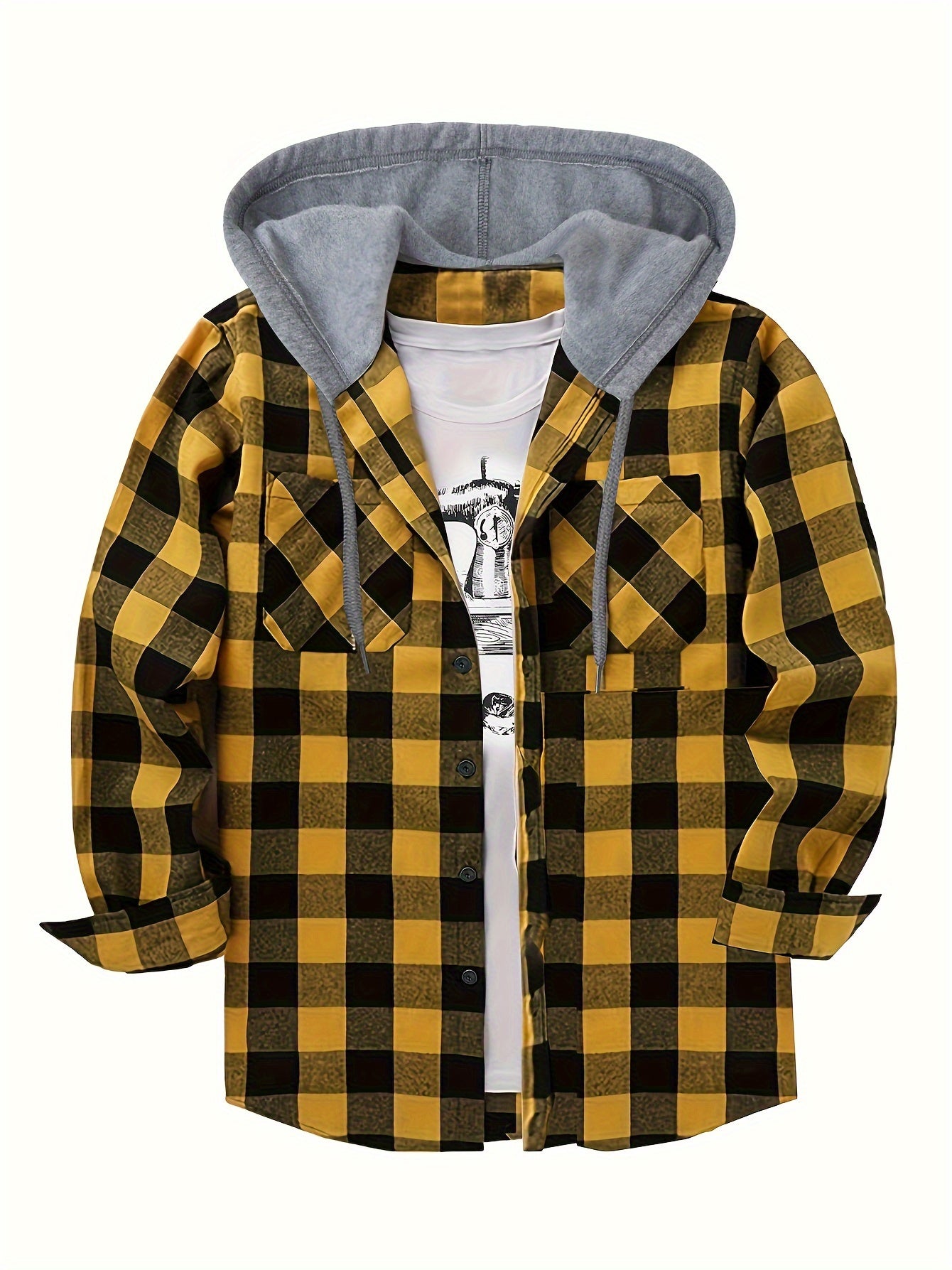 Long Sleeve Casual Regular Fit Button Up Hooded Shirts Jacket, Plaid Shirt Coat For Men