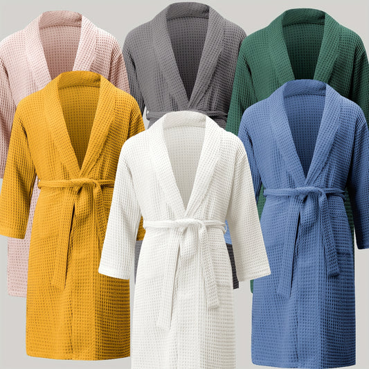 Premium 100% Cotton Waffle Weave Bathrobe - Lightweight 150g/m² Long Sleeve Robe, Soft Absorbent & Breathable, Solid Color with Subtle Grid Pattern, Machine Washable for Spring Summer Fall, Seasonal Robe, Versatile Bathwear, Quality Bathrobe