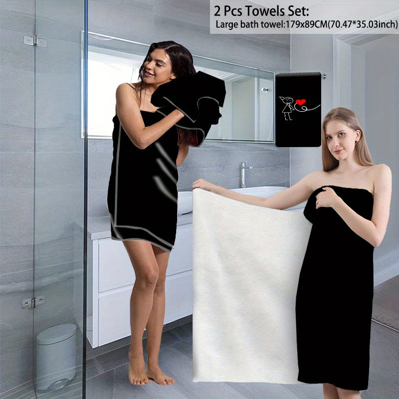 2pcs Set, Extra-Large Microfiber Shower Towels - Quick-Dry, Highly Absorbent, Soft & Thick Hand Towels for Bathroom, Pool & Beach - Black & White, Contemporary Print Design with Heart & Star Motifs, Perfect Couple Gift, Bathroom Accessories | Star Print