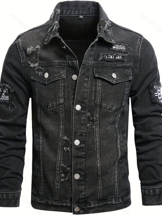 Men's Black Distressed Jacket - Vintage Streetwear Coat with Button-Up Front, Non-Stretch Fabric - Machine Washable Casual Outerwear for Everyday & Formal Events, Versatile Clothing, Classic Collar, Quality Stitching, Stylish Outerwear, Urban Style
