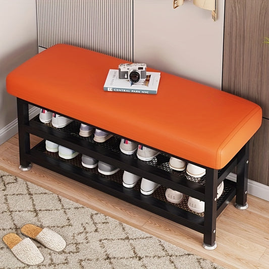 3-Color Options Single Pack Entryway Shoe Bench, Leather Soft Cushion Seat with Double-Layer Storage Shelf and Iron Art Large Stool