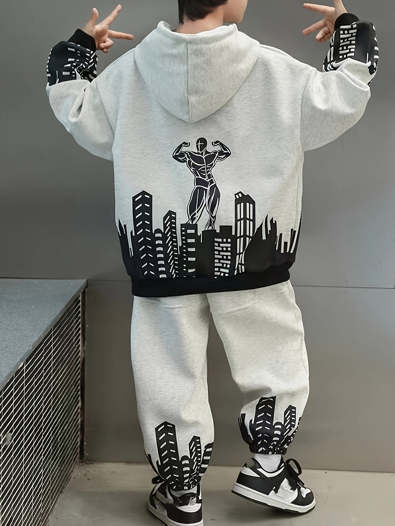 Boys' 2pcs Set, Spring/Autumn Casual Sports Hoodie with Print Pattern + Elastic Cuffed Pants Two-Piece Suit for Medium-Large Size
