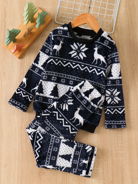 Boys' & Girls' Christmas Fashion Winter Fleece Set - Cozy Two-Piece Warmth for Ages 4-7, Black with White Reindeer & Snowflake Patterns, Long Sleeve Top & Pants, Perfect for Holiday Celebrations, Holiday Clothing | Festive Patterns | Soft Texture, for Ou