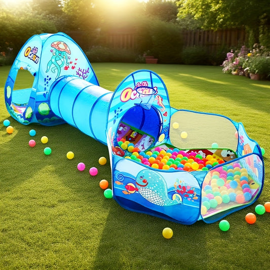 3pcs Ocean Themed Kids Play Tent Set with Ball Pool & Tunnel - Portable Indoor/Outdoor Playhouse with Fish & Marine Life Decorations, No Assembly Required, Ideal Birthday Gift for Boys & Girls (Blue) - Durable Lightweight Tent for Imaginative Play, Kids