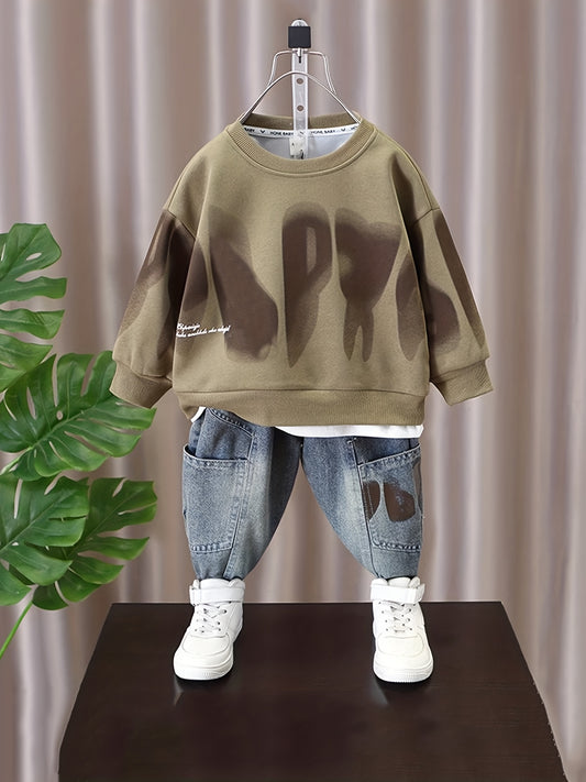 Boys' Trendy 2pcs Set | Faux Layered Crewneck Pullover with "BRO" Graphic + Light Wash Faux Denim | Cool Spring/Fall Outfit, Perfect for Outdoor