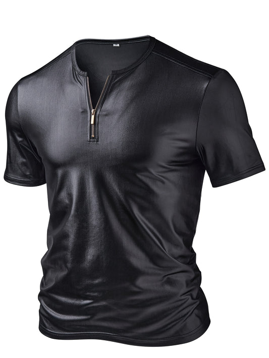 Men'S Stylish Black Henley Shirt - Casual Summer Short Sleeve with Zipper Detail, Stretch Knit Fabric, Regular Fit Henley Neckline, Smooth Fabric for Casual Attire