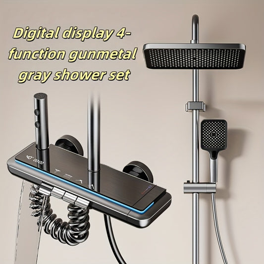 A luxurious gunmetal gray shower set with piano key design, ambient light, digital display and 4-function system. This pressurized home bathroom device is an essential item, serving as bathroom accessories and ideal for bathroom decor gifts.