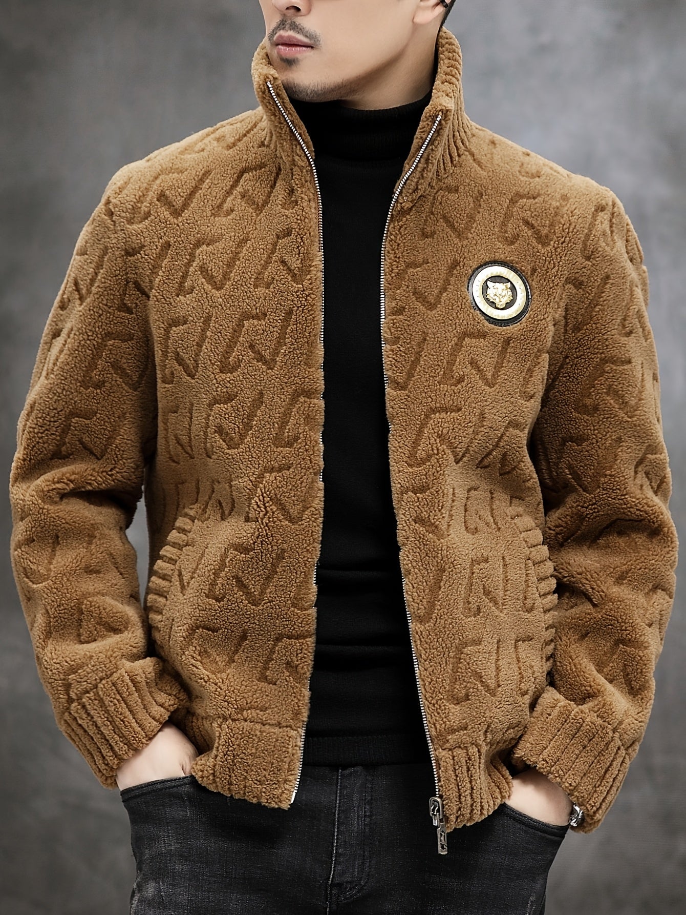 Men's Faux Fur-Lined Jacket - Casual Business Style, Warm Slim Fit, Full-Zip with Stand Collar and Ribbed Cuffs for Fall/Winter, Autumn Outerwear | Stand Collar Jacket | Golden Button Detailing