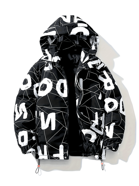 Men'S Heavyweight Hooded Jacket - Black with White Letter Pattern, Full-Zip Front Closure, Loose Fit Winter Coat for Cold Weather, Urban Streetwear Outerwear, Winter Jacket, Casual Outerwear, Durable Fabric, Long Sleeve Coat, Streetwear Lovers