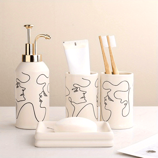 Chic Abstract Face 4pcs Bathroom Set - Includes Soap Dispenser, Toothbrush Holder, Mouthwash Cup & Tray - Perfect for Couples, Ideal Gift