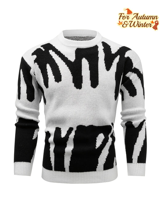 Men's Black & White Zebra Stripe Knit Sweater - Oversized Round Neck Long Sleeve Winter Pullover, Black & White Striped Sweater for Men, Casual & Formal Outfits, Relaxed Fit Fall Winter Warm Sweater with Double-Layer Design, Drop Shoulder Sleeves, and Me