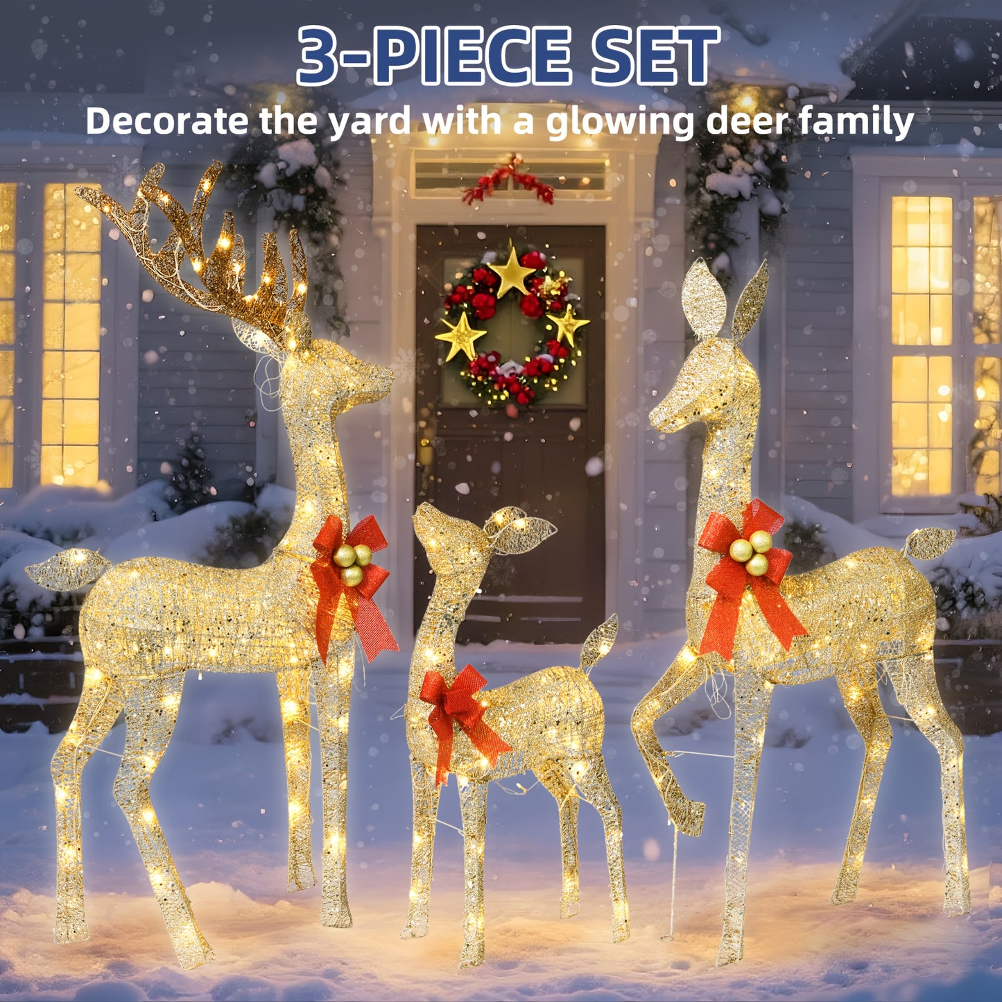 Luminous Christmas Decoration Deer Set, festive and shining Christmas decoration reindeer family set, deer family, suitable for indoor and outdoor front yards and porches, equipped with LED lights, plugs and grounding posts