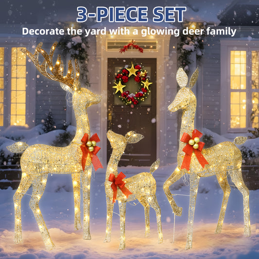 Luminous Christmas Decoration Deer Set, festive and shining Christmas decoration reindeer family set, deer family, suitable for indoor and outdoor front yards and porches, equipped with LED lights, plugs and grounding posts