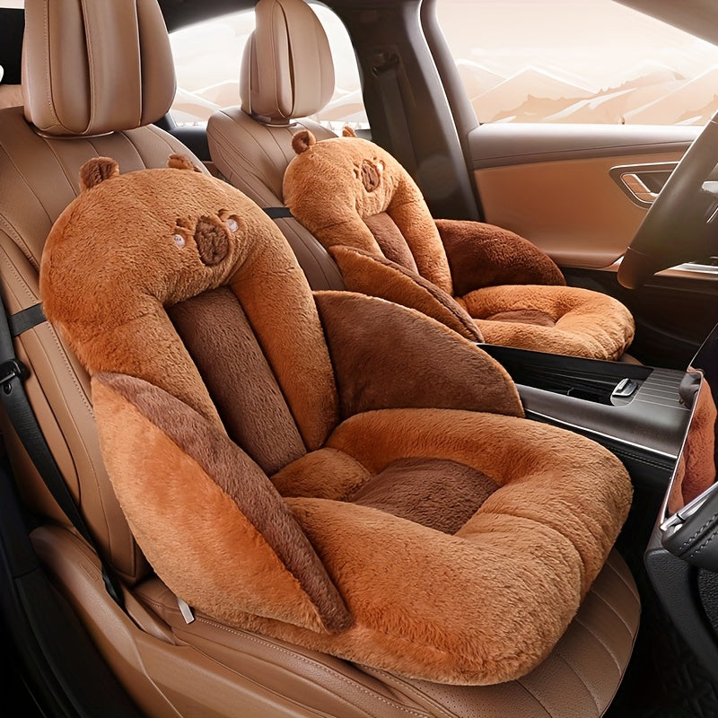 1pc Capybara Car Seat Cushion - Plush Cartoon Design, Soft Short Faux Fur, Adjustable Straps, Ideal for Office, Bedroom & Vehicle Seats, Hand Wash Only, Vehicle Seat Cushion|Playful Design|Soft Texture