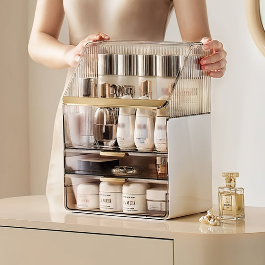 Large Capacity Transparent Cosmetic Organizer with Drawers - Durable Plastic Makeup Storage Box for Perfume, Skincare, Lipstick - Countertop Bathroom Vanity Organizer, No Assembly Required, Space-Saving Design, Makeup Vanity Desk, Sleek Design