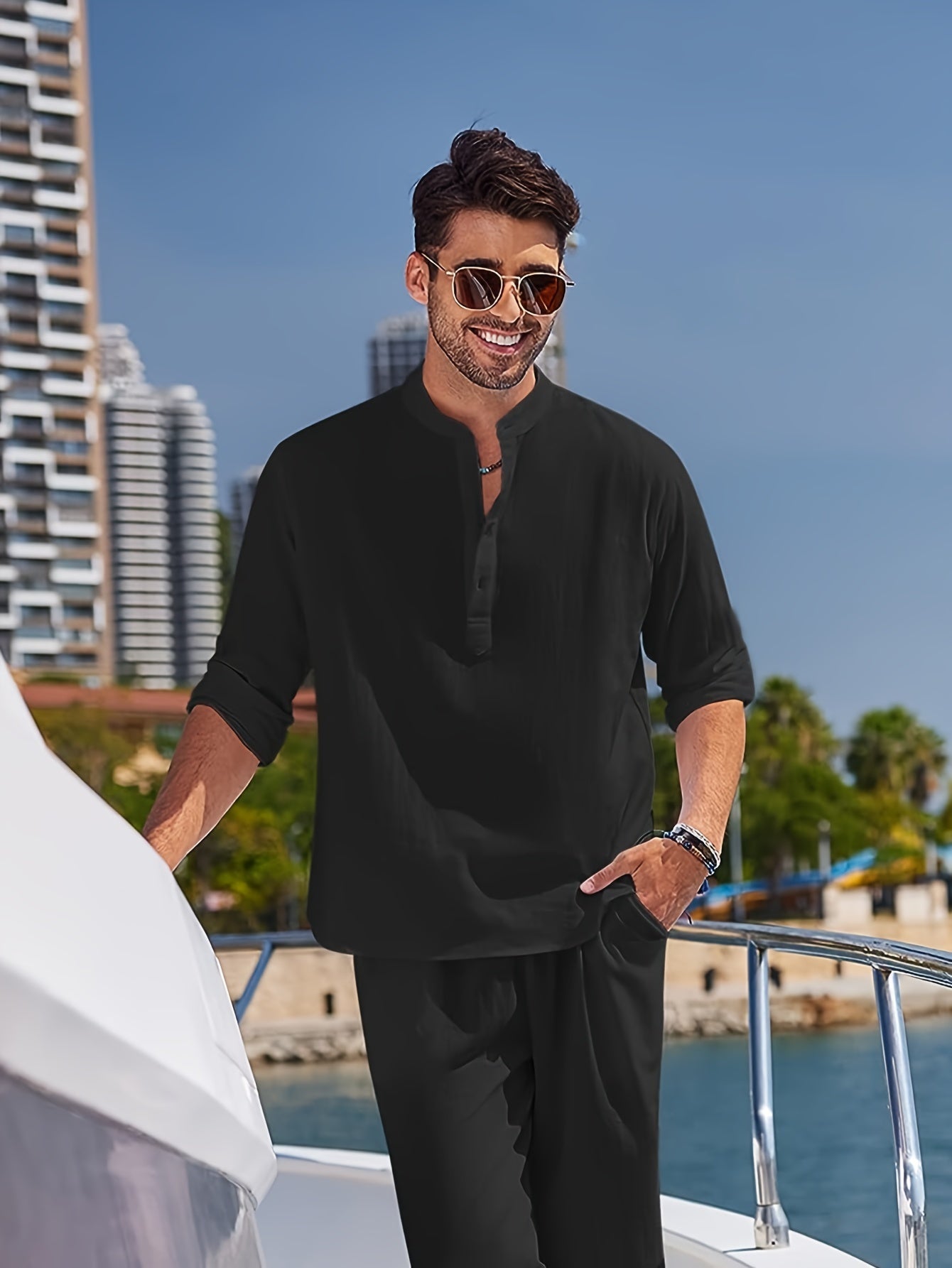 Men's Linen Blend Retro Henley Shirt Long Sleeve T-shirt Tee, Casual Comfy Shirts For Men Spring Summer Autumn, Men's Clothing Tops For Beach Yoga