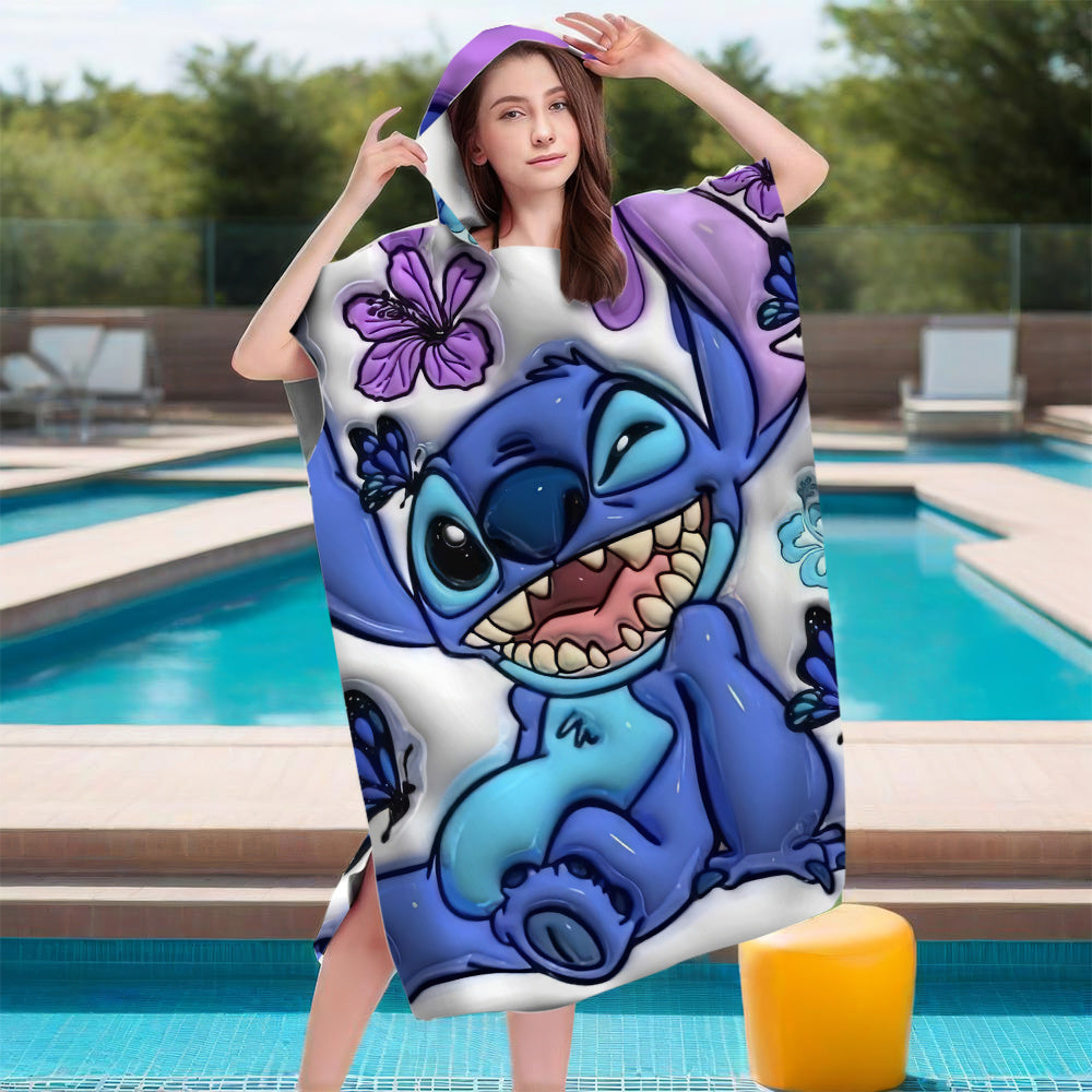 1pc Disney Stitch & Lilo Beach Bathrobe with Hood - Quick-Dry, High Colorfastness, Unisex Towel Cape for Home & Bathroom, Modern Polyester & Nylon Design, Bathrobe for Bathing, Playful Character Robe, Quickdry Robe
