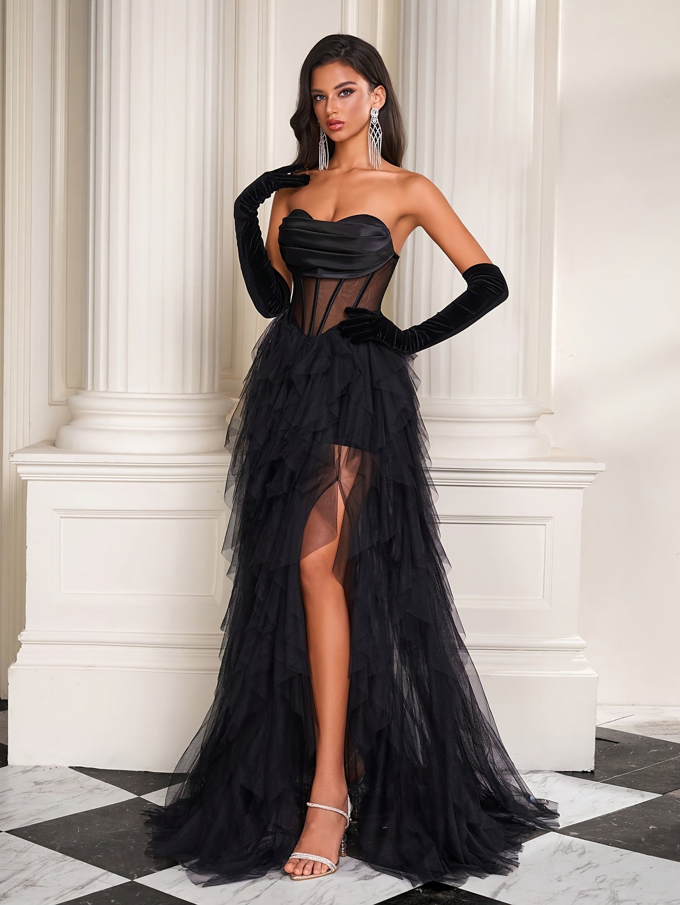 French-Style Fishbone Mesh Light Gown for Birthday Party Cake Princess Dress, Sexy Charming Strapless Evening Gown, No Gloves