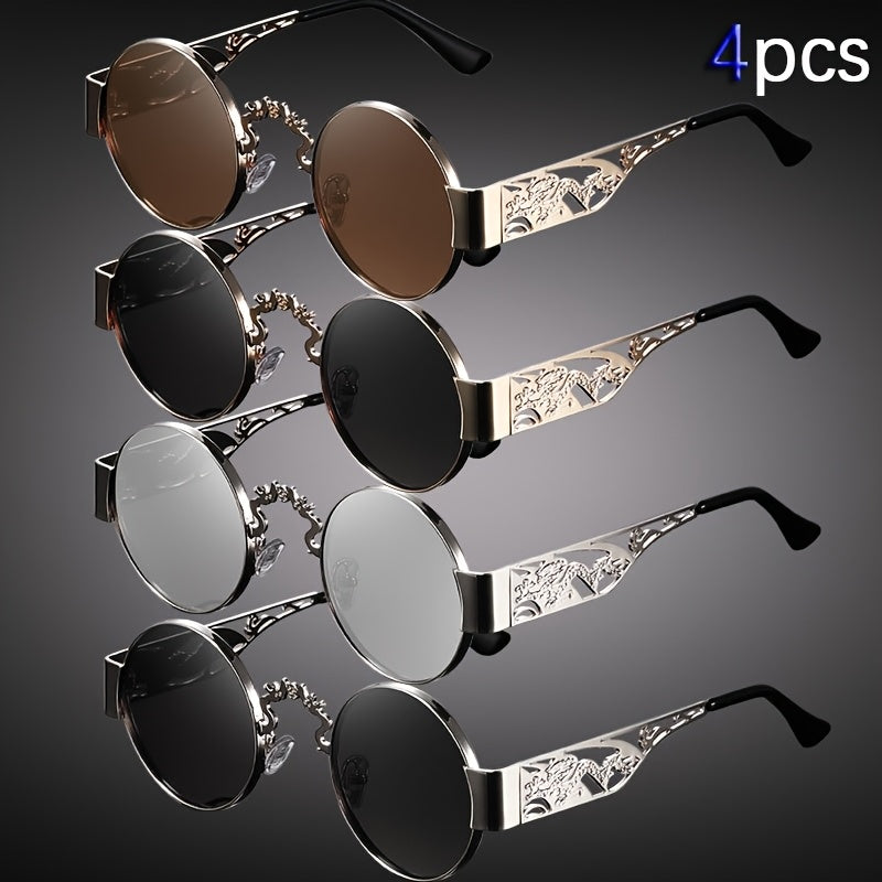 4-Pack Double Dragon Playing Ball Thick Frame Hollow Personality Printed Wide Leg Metal Fashionable Unisex Glasses Suitable for Photography Props