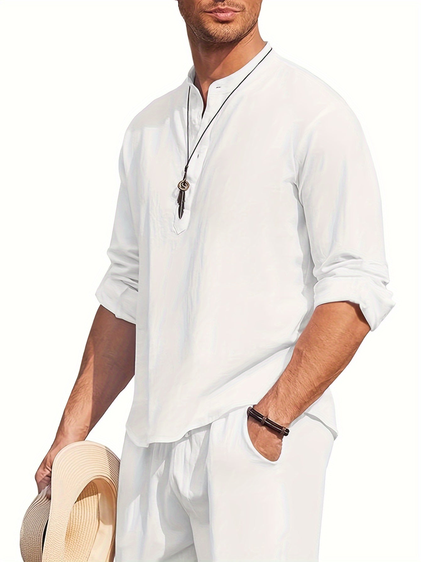 Men's Linen Blend Retro Henley Shirt Long Sleeve T-shirt Tee, Casual Comfy Shirts For Men Spring Summer Autumn, Men's Clothing Tops For Beach Yoga