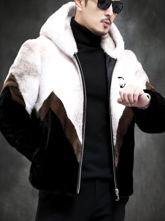 Men's Luxurious Faux Mink Hooded Jacket - Warm, Casual Winter Coat with Zip Closure for Outdoor Activities