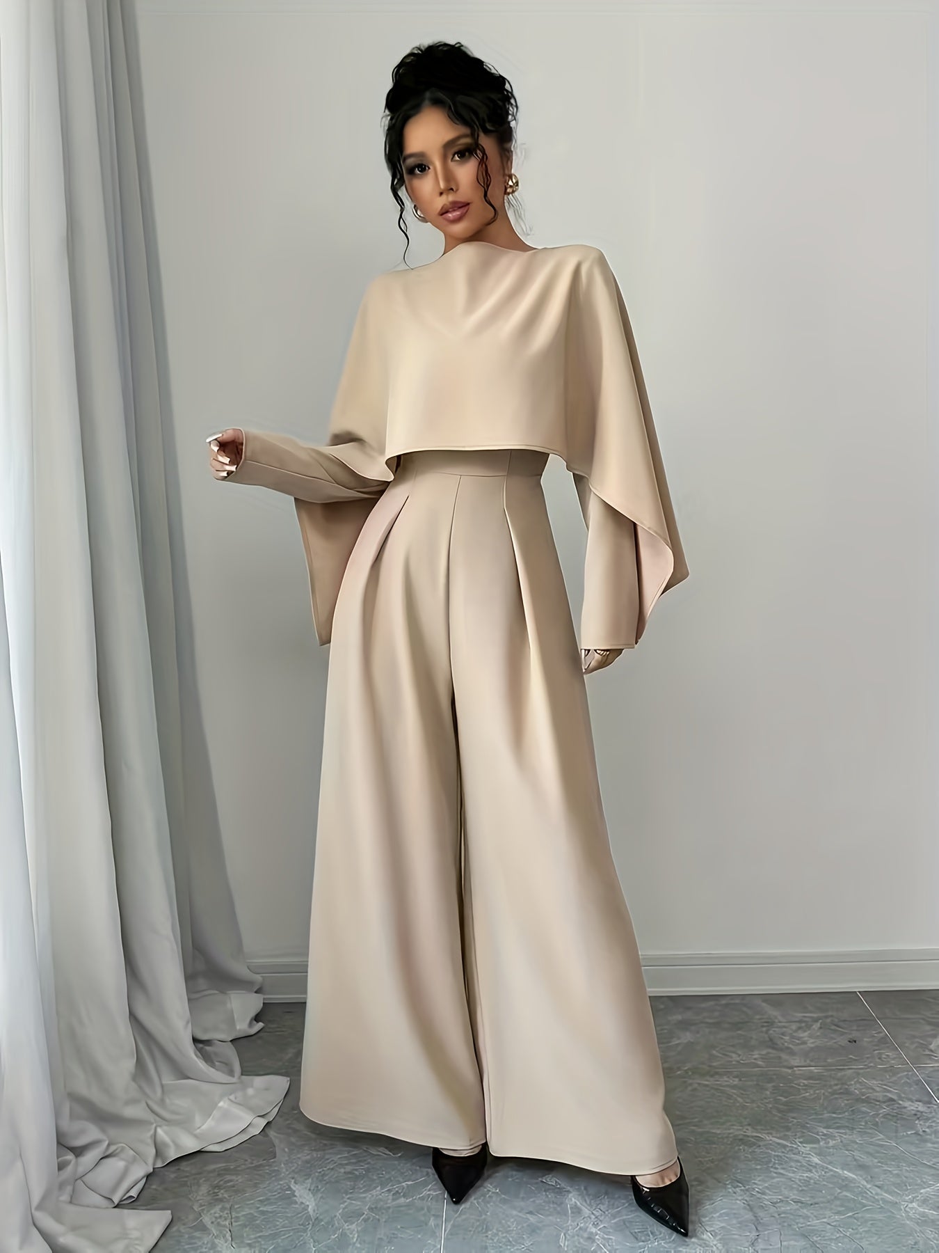 Women's Fashionable and Elegant Solid-color Long-sleeve Jumpsuit for Commuting, Featuring a High-waist Design That Is Figure-flattering and, with Draping Fabric That Is Comfortable and Breathable