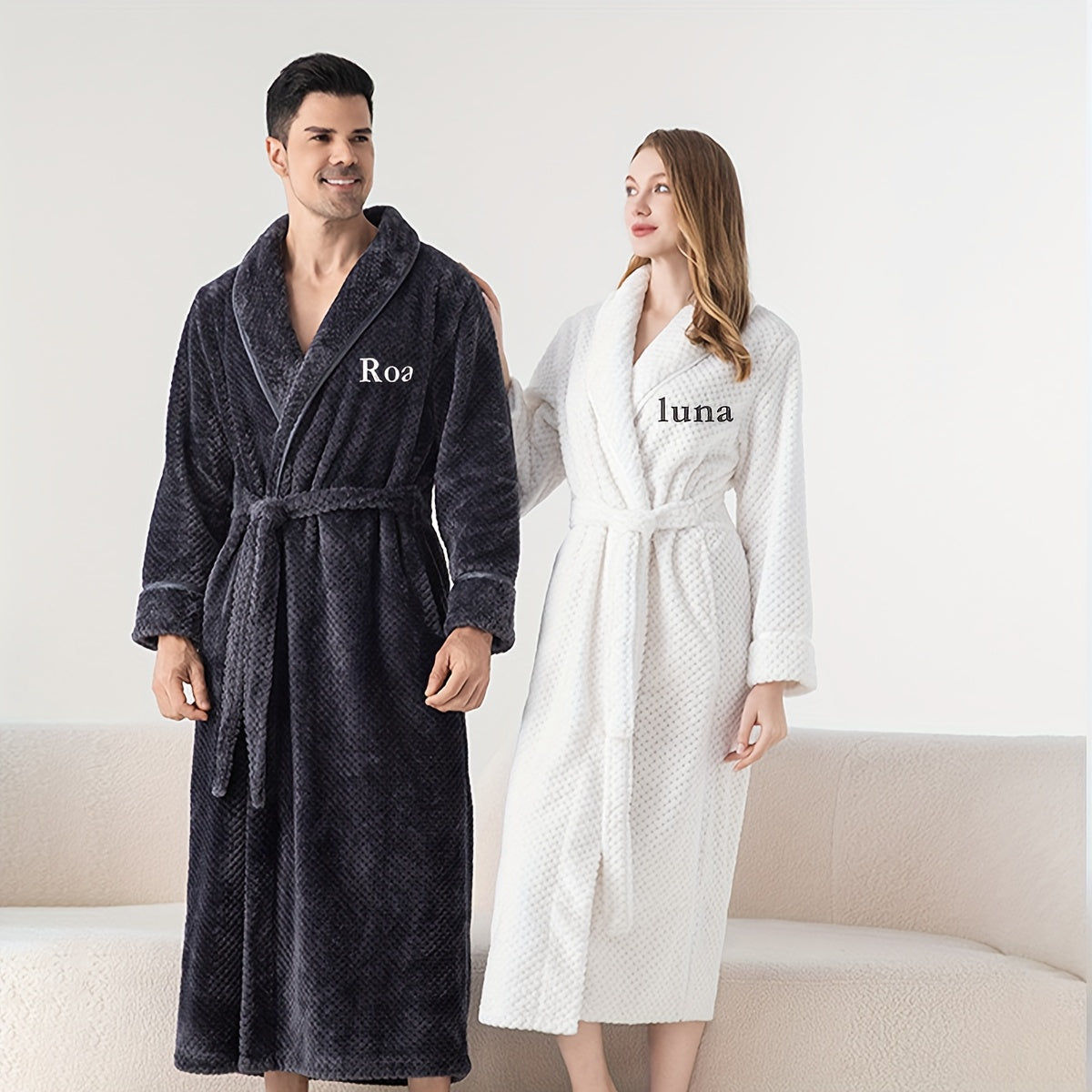 Customizable embroidered text couple pajamas, coral soft and warm home sleeping robe, Valentine's Day/Christmas/Halloween gift., Embroidered Gift Apparel, Home Loungewear, Customizable Pajamas, Warm Home Wear, Comfortable Sleeping Fabric, Durable Lou