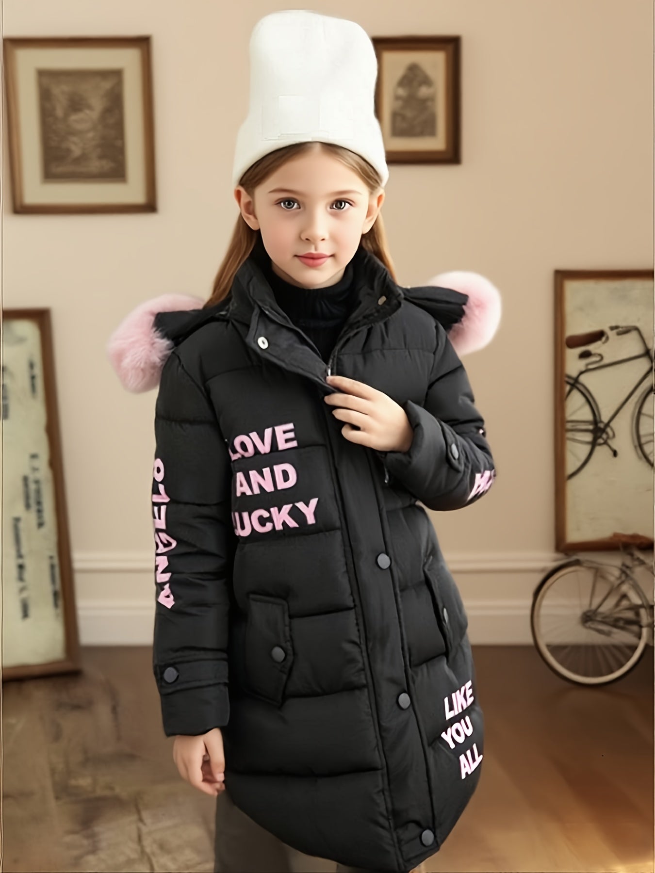 Girls' Long Hooded Winter coat - Thick Coldproof Jacket with LOVE AND ALL LETTERING, Full-Zip Front, Pastel pink Outerwear for to Kids (Hand Washable Non-Stretch Fabric) - Birthday/Christmas Gift for Girls, Seasonal Clothing, Playful Design, Warm Lining,