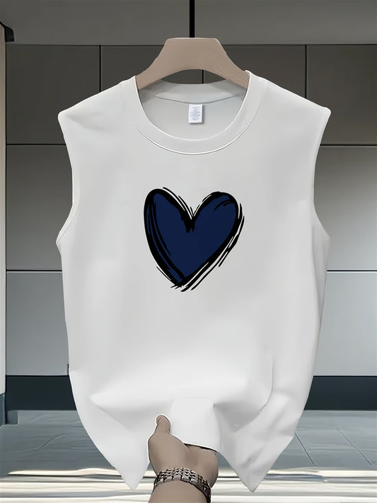 Men'S Heavyweight Cotton Sleeveless T-Shirt - Summer Casual Loose Fit Round Neck Tank Top with Heart Graphic Print, Breathable & Comfortable for Casual Attire, Versatile Clothing | Relaxed Fit Shirt | Smooth Texture Fabric