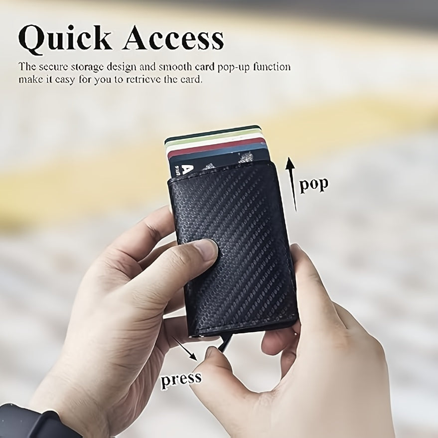 RFID Blocking Slim Metal Wallet - Card Cases with Carbon Fiber, Pop-Up, Minimalist Design, Small Black Purse for Men - Durable, Thin, and Stylish Credit Card Holder
