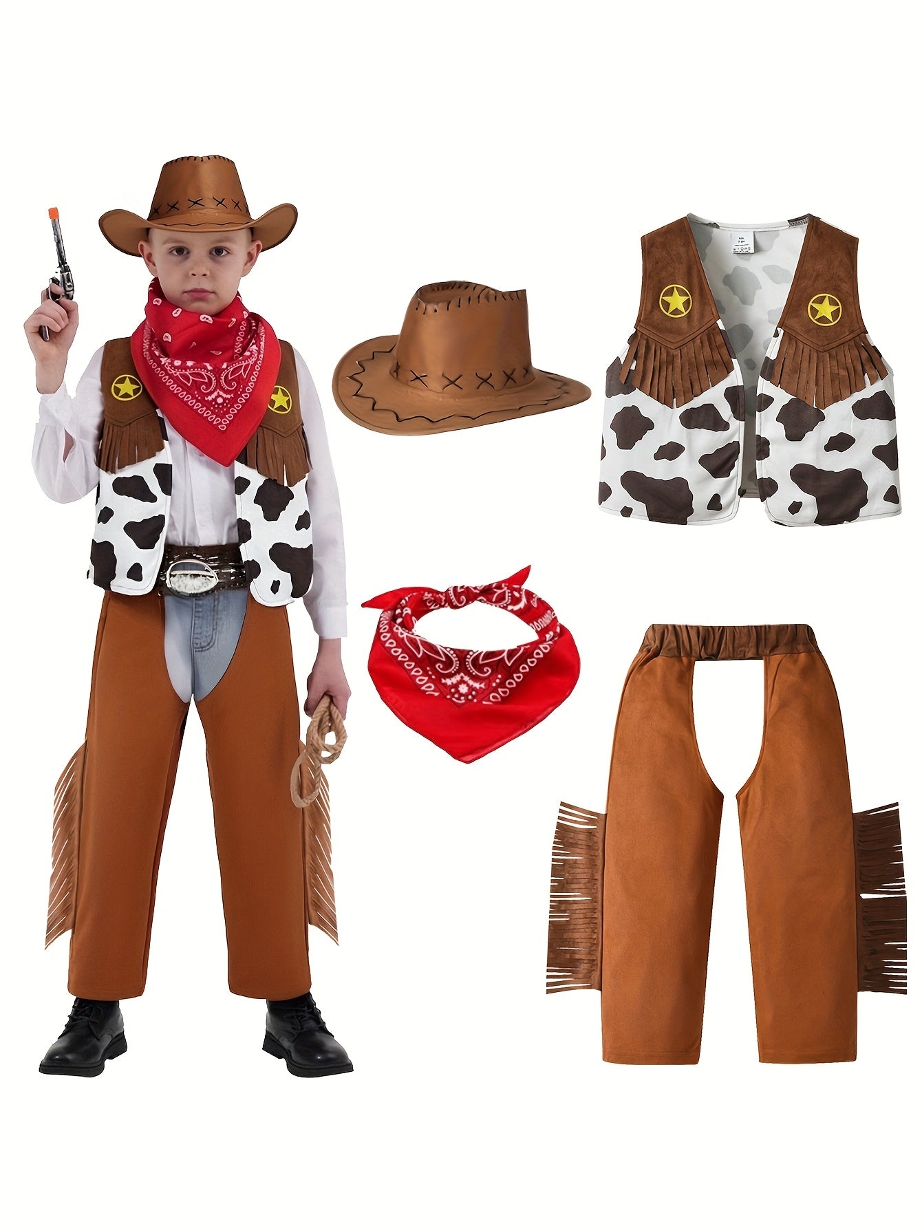 Boys' Luxury Vest, Pants, Red Bow Tie, Hat 4pcs Set for Boys' Halloween Carnival Theme Party Boys' Western Cowboy Style Set Holiday Performance Wear Halloween Gift (Shirt Not Included), Perfect for Outdoor