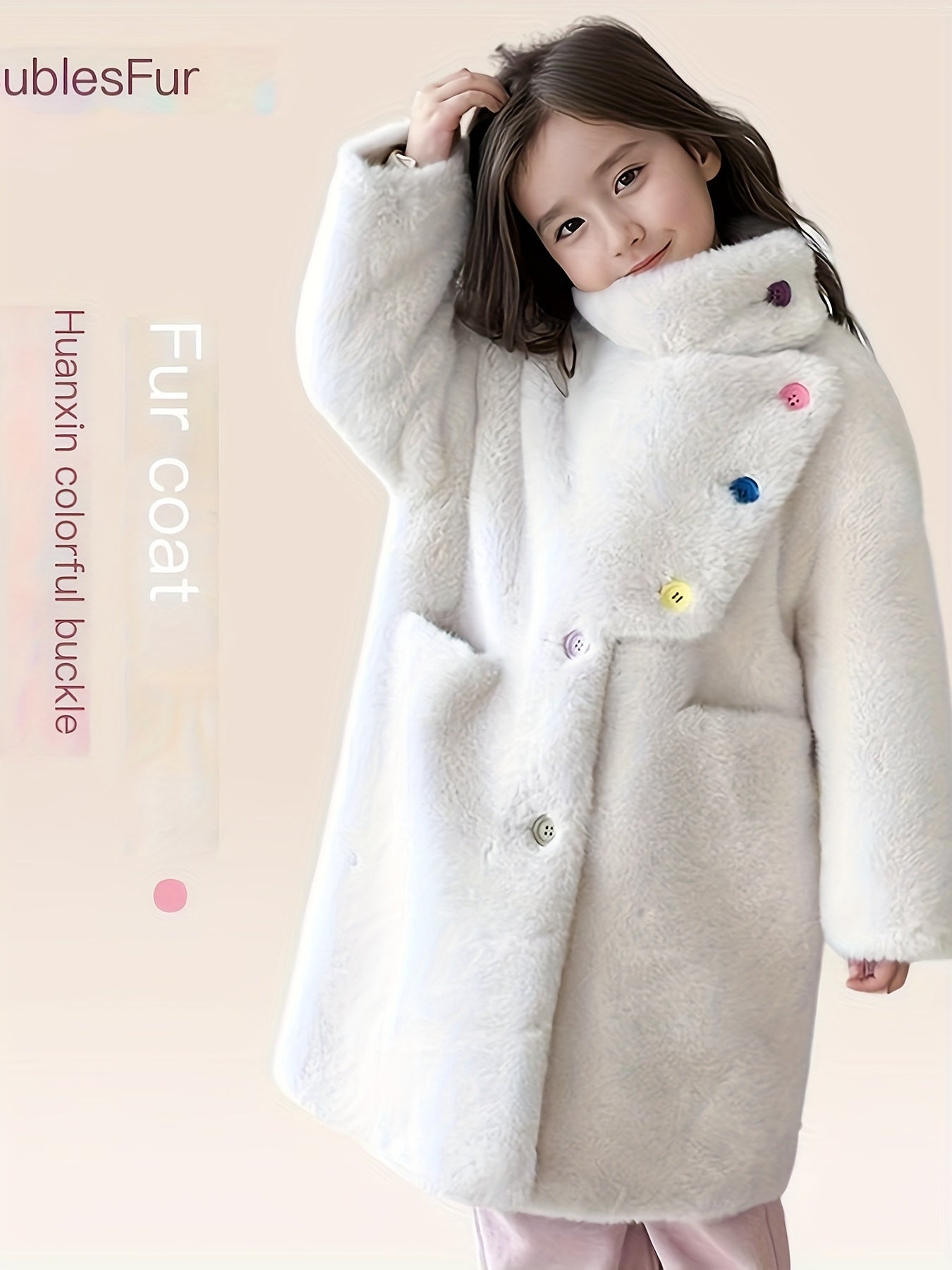 SHANYANANER Girls' Elegant Faux Fur Coat - High Neck Long Sleeve Winter Coat with Asymmetrical Hem & Button Front, Thick Warm Korean Style Outerwear for Kids, Hiking & Casual Outings, Solid Color, Hiking Apparel, Sophisticated Design, Durable Kids Wear