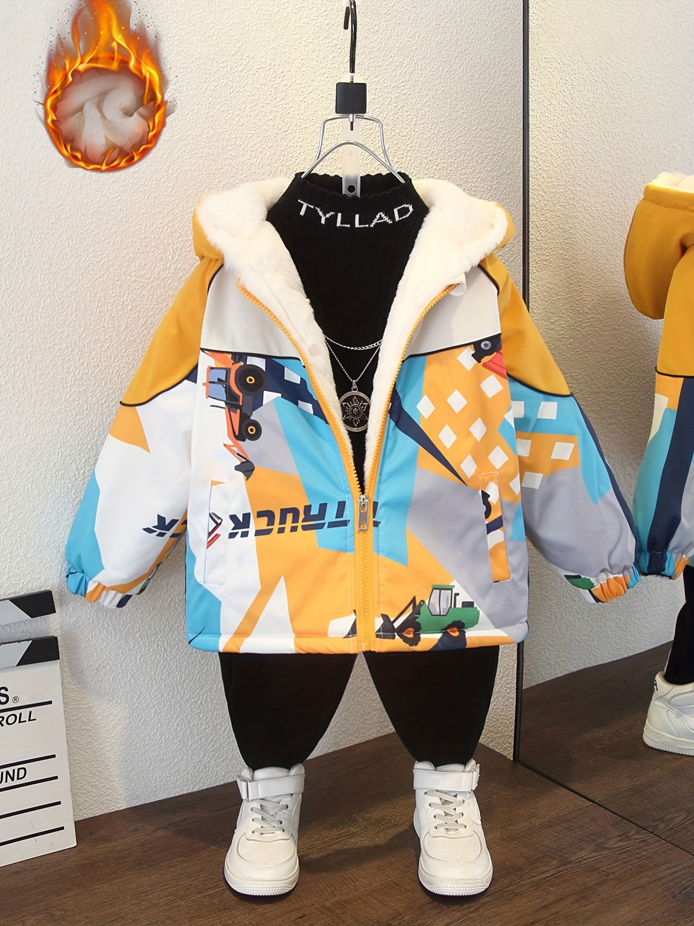 Boys Fleece Lined Hooded Jacket, Cute Funny Excavator Print Warm Loose Coat for Autumn And Winter, Boy Jacket