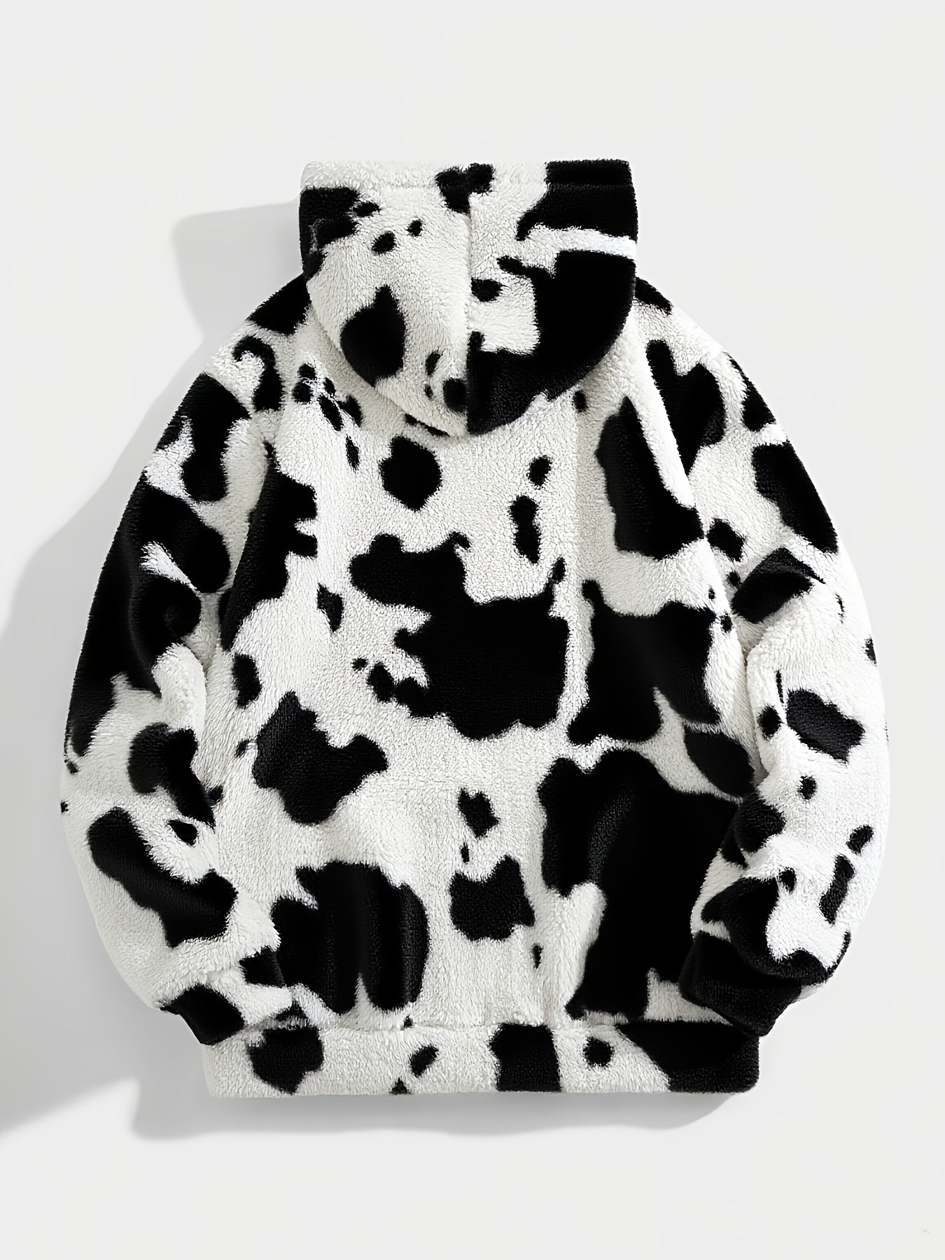 1pc Men'S Plush Hooded Sweatshirt - Soft Warm Winter Pullover with Brown & Cow Print, Cozy Casual Sweater for Fall/Winter, Long Sleeve Hooded Sweater with Pockets, Winter Sweatshirt, Fall Clothing, Color Block Design, Comfortable Fit, Fall Fashion