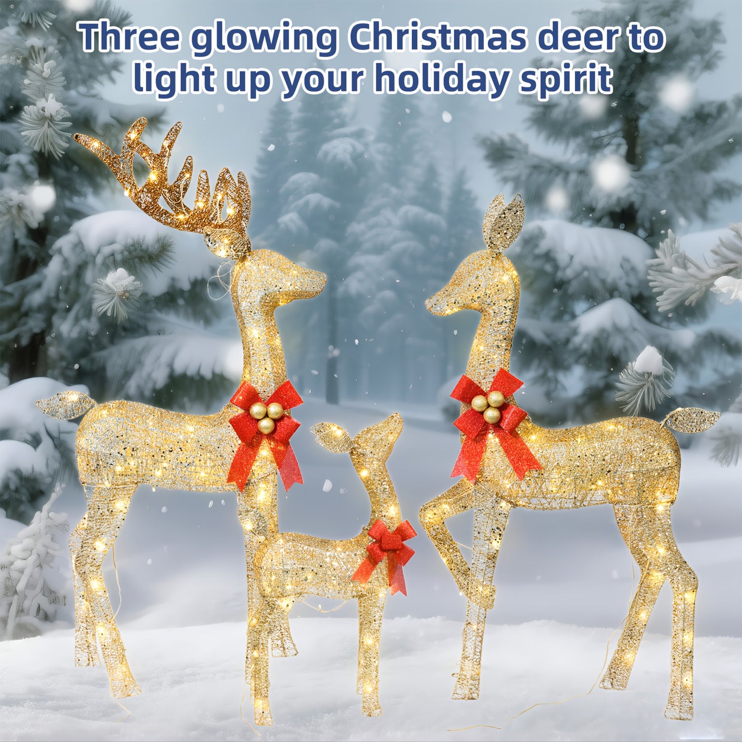 Luminous Christmas Decoration Deer Set, festive and shining Christmas decoration reindeer family set, deer family, suitable for indoor and outdoor front yards and porches, equipped with LED lights, plugs and grounding posts