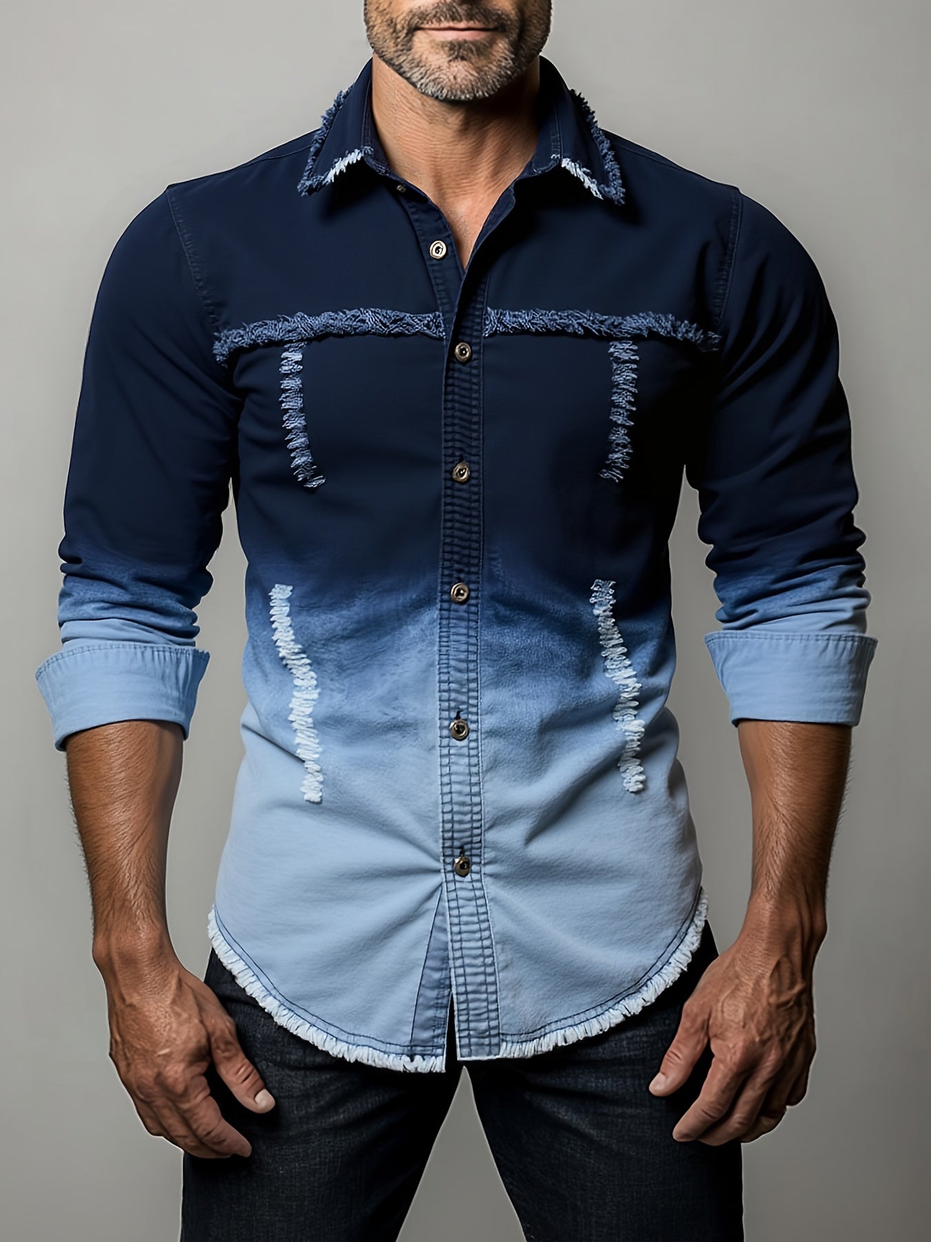 Men's Slim Fit Non-Stretch Jeans Shirt - Button-Up Blouse with Button-Accented Pockets, Navy/Blue/Gray Tie-Dye Pattern for Casual & Formal Outfits - Machine Washable Spring/Fall Everyday & Special Occasion Shirt, Spring Fashion, Trendy Design, Structured