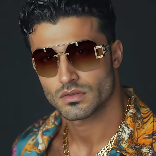 ReeXunky Oversized Vintage Rimless Square Fashion Glasses Men - Stylish Luxury Polygon Double Beam Metal Frame Glasses Women, Trendy Glasses with Eyeglass Cloth, Everyday & Special Events - Ideal Gift Choice, Unique Style Accessory, Innovative Design, Wi